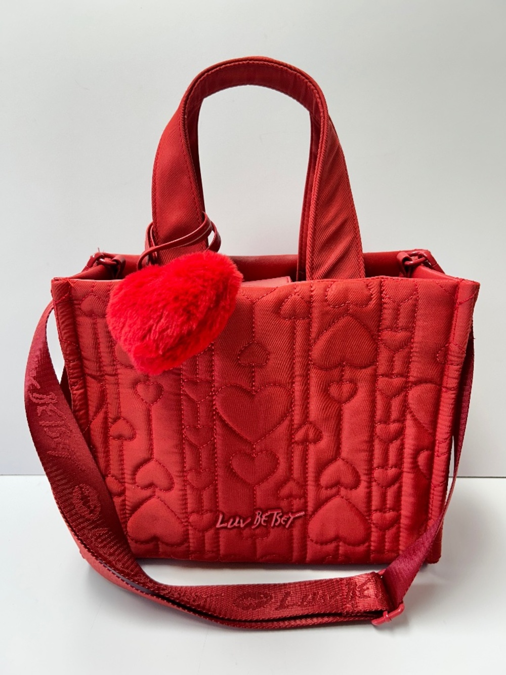 NWOT Luv Betsey Johnson Red Quilted Handbag Crossbody Fuzzy Heart Charm